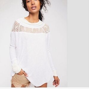 Free People Spring Valley Ivory Long Sleeve Top Womens Small Waffle Knit Lace